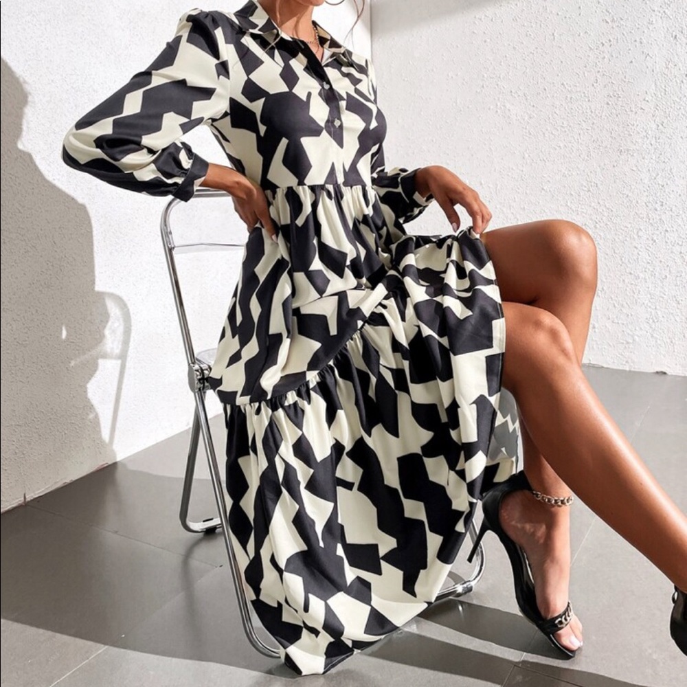 Geo Print Ruffle Hem Shirt Dress